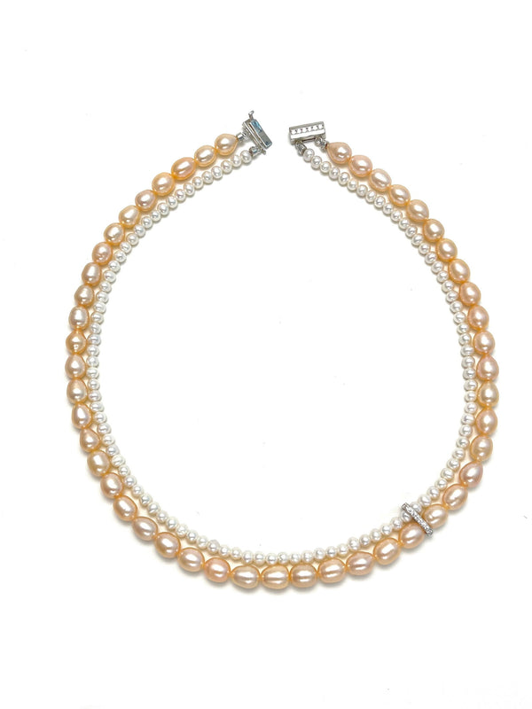 Double Strand White Pink Freshwater Pearl Necklace - Carameo Jewels