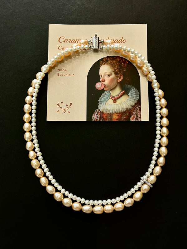 Double Strand White Pink Freshwater Pearl Necklace - Carameo Jewels