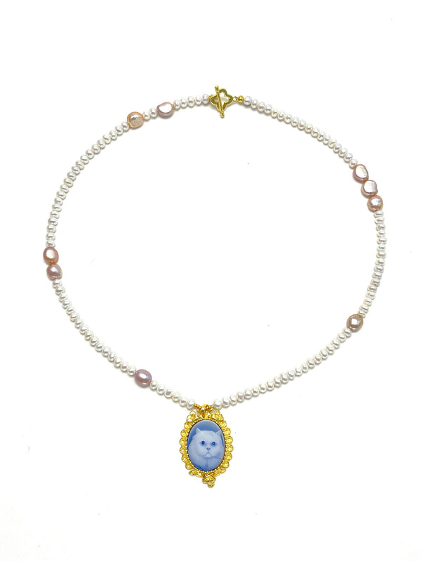 Freshwater Pearl Cameo Necklace Cute Kitty - Carameo Jewels