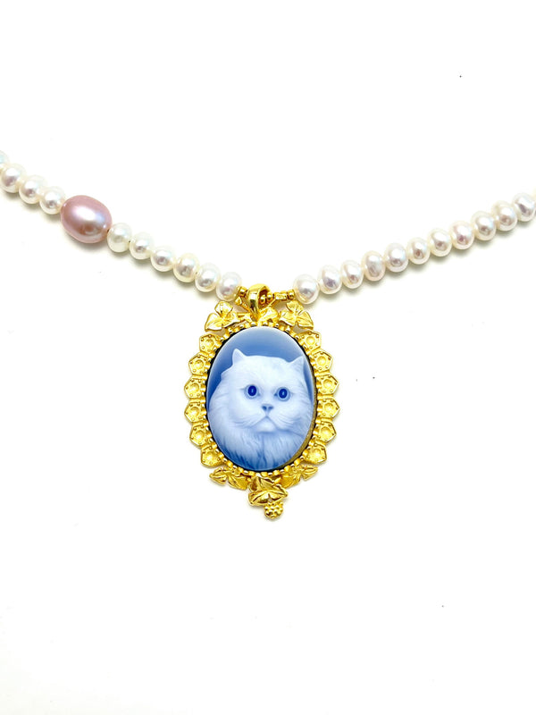Freshwater Pearl Cameo Necklace Cute Kitty - Carameo Jewels