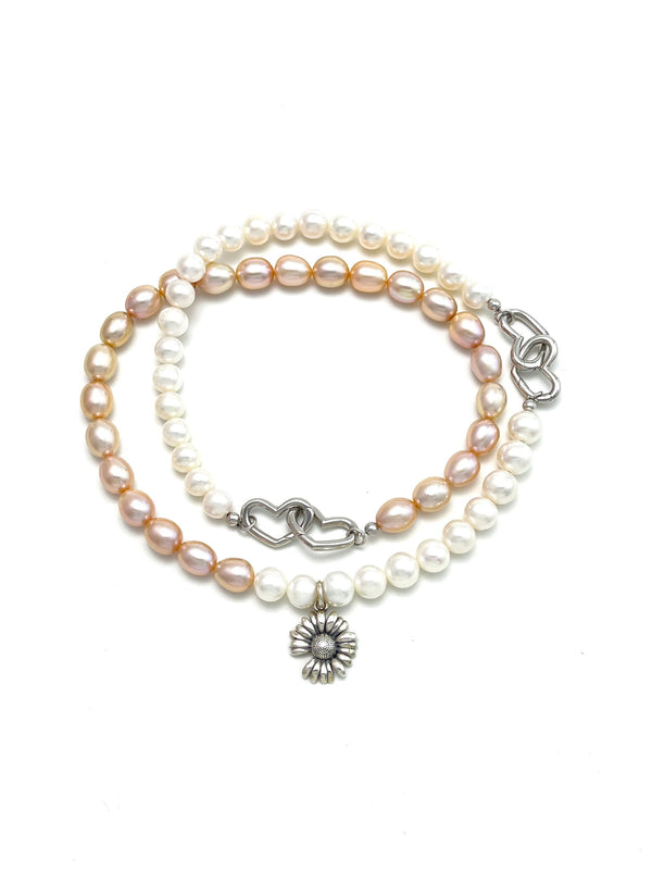 Freshwater Pink  White Pearl Neckalce Daisy - Carameo Jewels