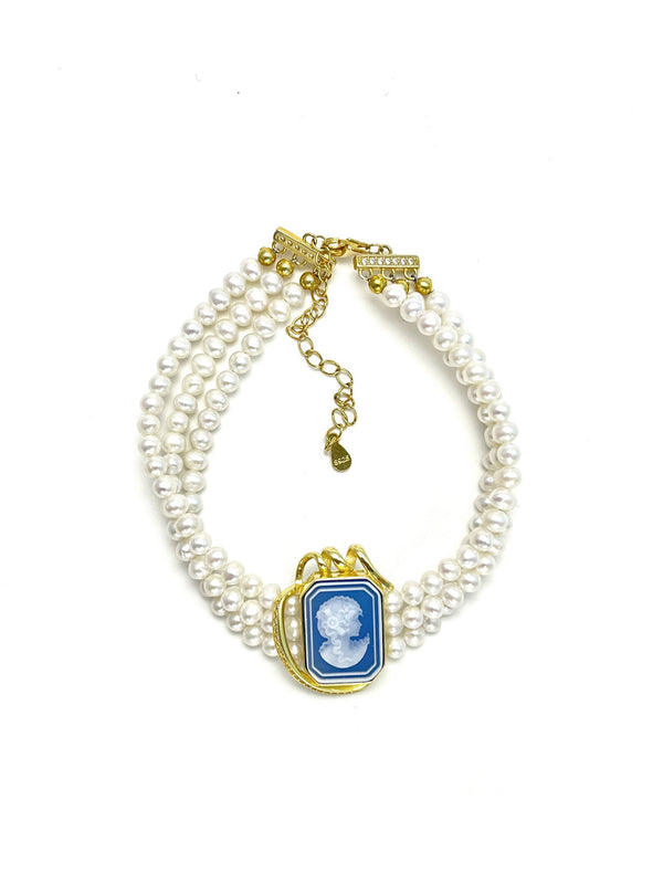 Triple Strands Natural Freshwater Pearl Cameo Bracelet - Carameo Jewels
